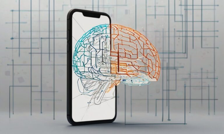 Subject: A brain-shaped object connected to a mobile phone through a network of lines and nodes. The brain symbolizes AI, and the lines represent its connection to various aspects of the mobile experience.Style: Minimalist with a focus on geometric shapes and contrasting colors.Background: Simple white background.