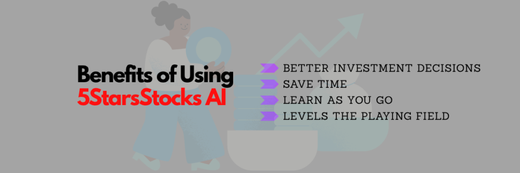 List of benefits of using 5StarsStocks AI with a background of a person and upward-trending graph.