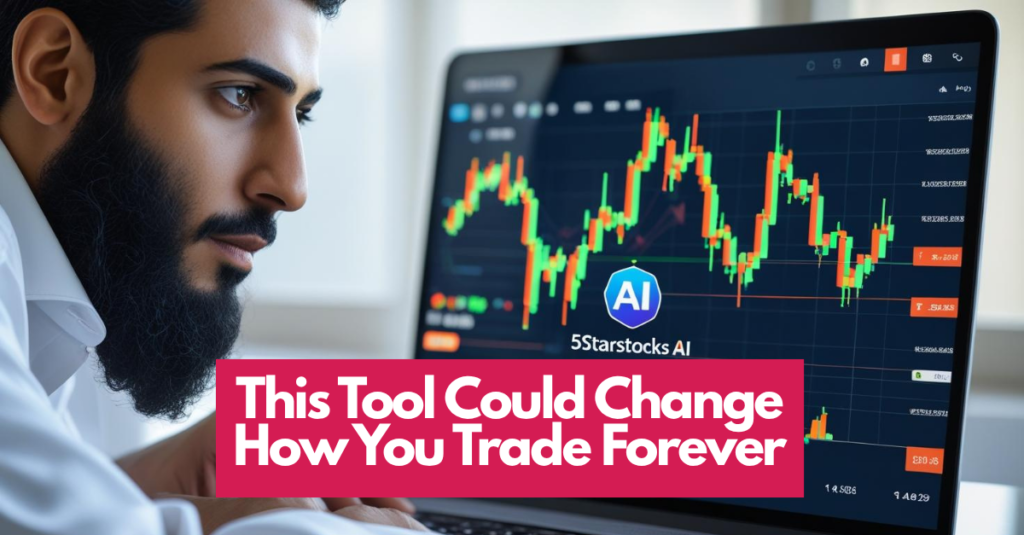 A person using a laptop showing stock charts and AI trading data on screen, representing 5StarsStocks AI in action.